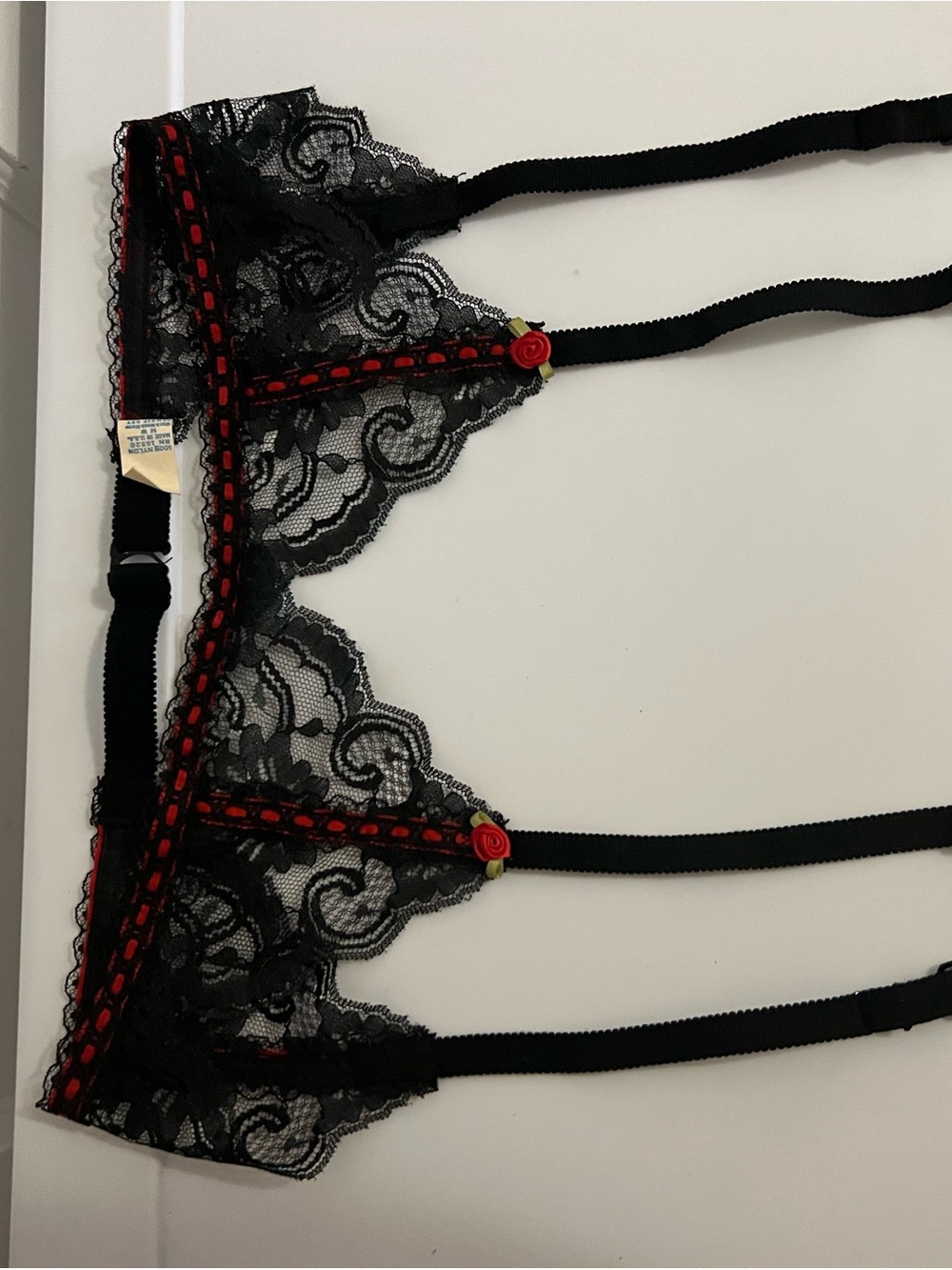 Vintage 80’s jcpenney Black Lace garter belt with Red Trim and Rose Details